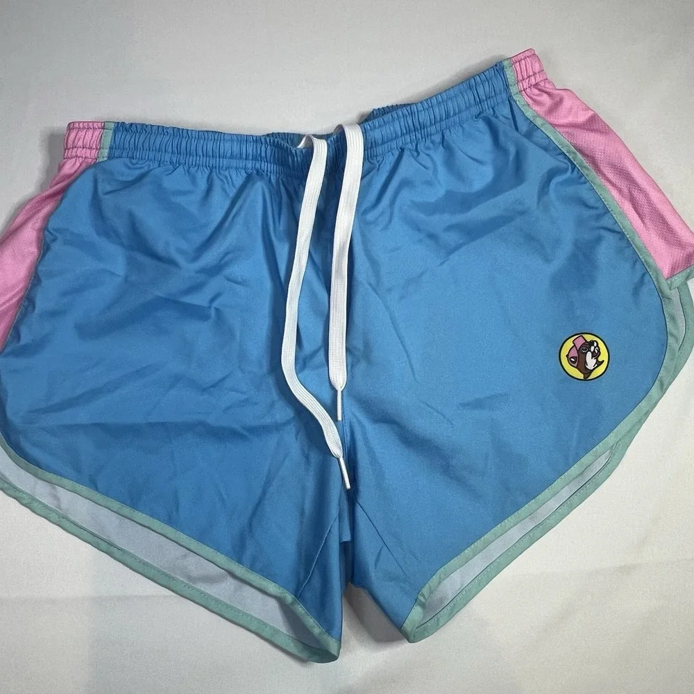 Buc-ees Womens Small Shorts Texas Blue Pink Athletic‎ Swim Trunks S Bucees Retro